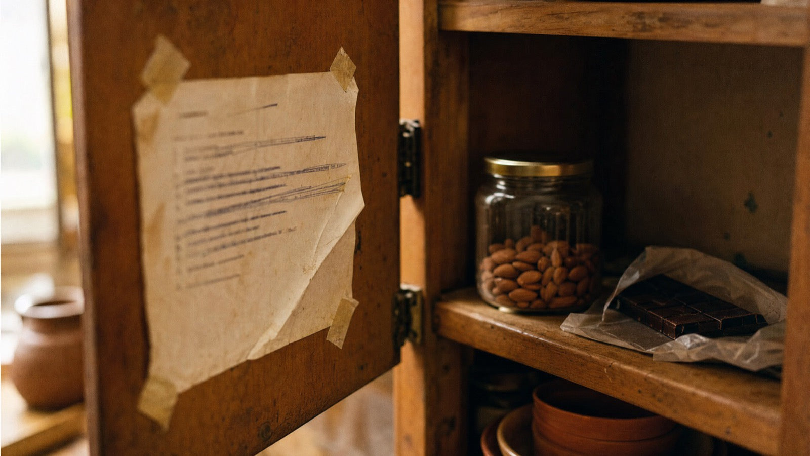 A food list taped inside a kitchen cabinet door, items struck through