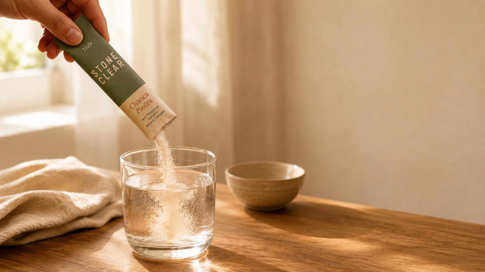 A stick pack pouring into a glass of water